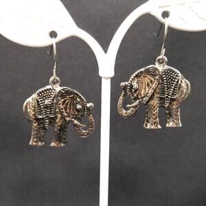Elephant Silver Tone Drop Earrings Trunks Up for Good Luck Boho Jewelry